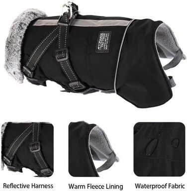 Зимові куртки для собак, жилети для собак з шлейкою, теплі куртки для собак, зимові куртки для собак на вітер та воду, куртки з світловідбиваючими елементами, флісові куртки для маленьких, середніх та великих собак (чорний, S)