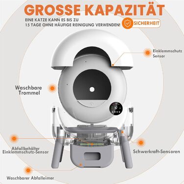 Автоматичний лоток для котів з самоочищенням, 100л, з керуванням через додаток, захист від защемлення, знімний контейнер для сміття, для кількох котів