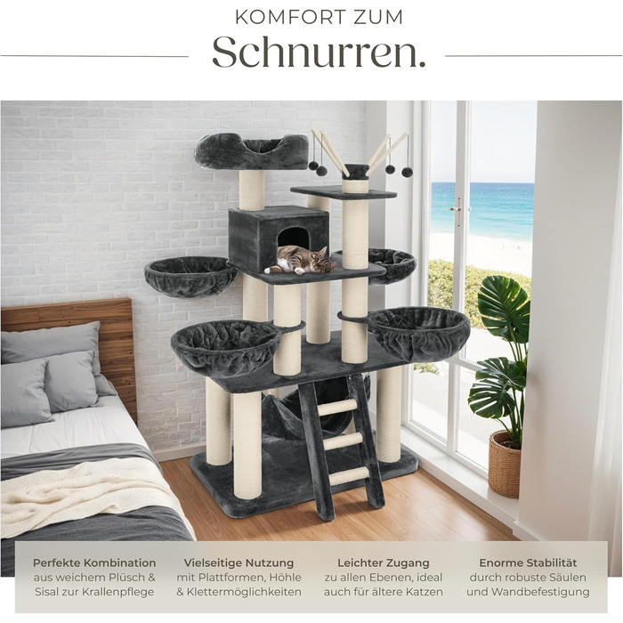 Дерев'яний комплекс для котів Tectake XXL, 195 см, з гамаком, сходами, печерею та когтеточками з сизалю, сірий/білий | 403327