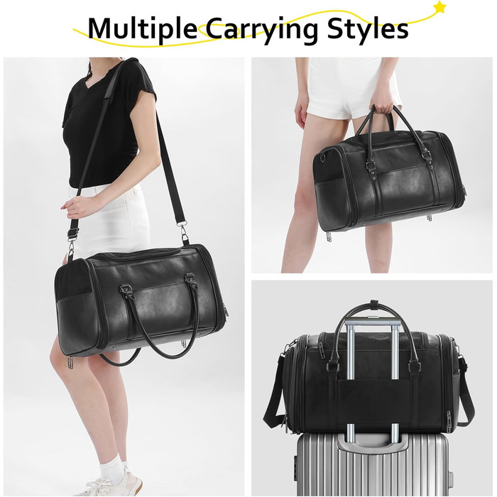 Сумка-переноска для тварин Johomviin з натуральної шкіри для собак та котів до 6,8 кг, схвалена авіакомпаніями, чорна