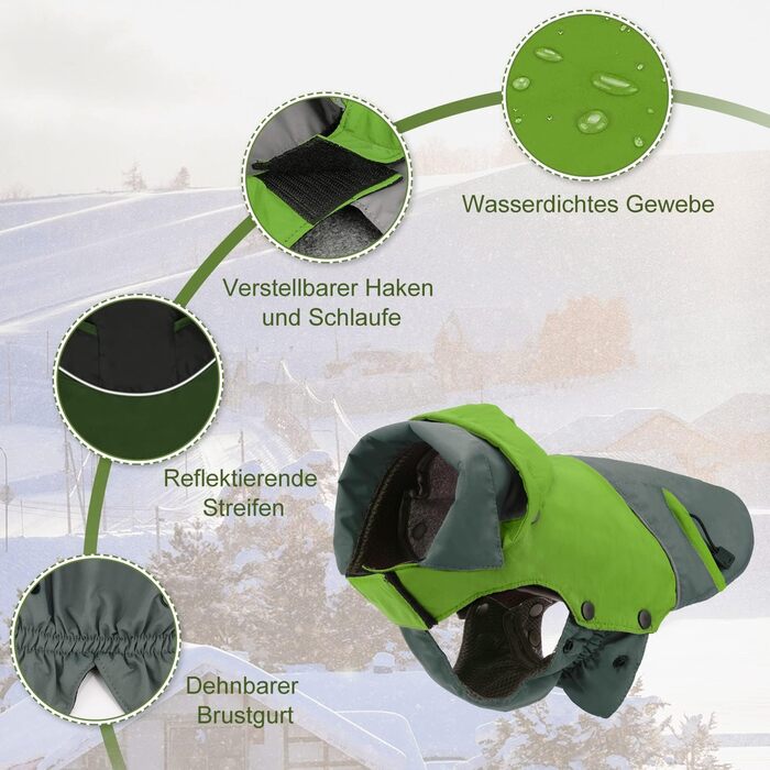 Зимова куртка для собак Petloft, світловідбиваюча, вітронепроникна, з флісовою підкладкою (XS, зелена)