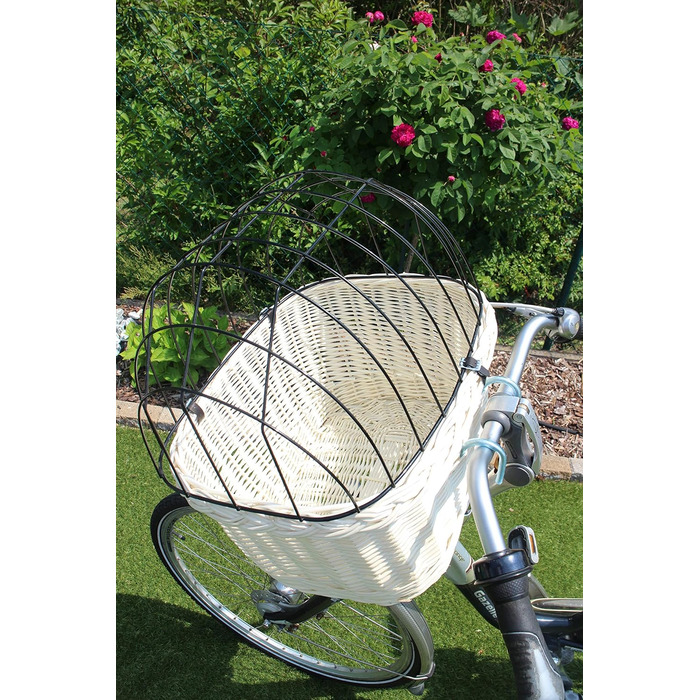Кошик для собаки на кермо велосипеда з ротангу з металевою сіткою та подушкою (білий)