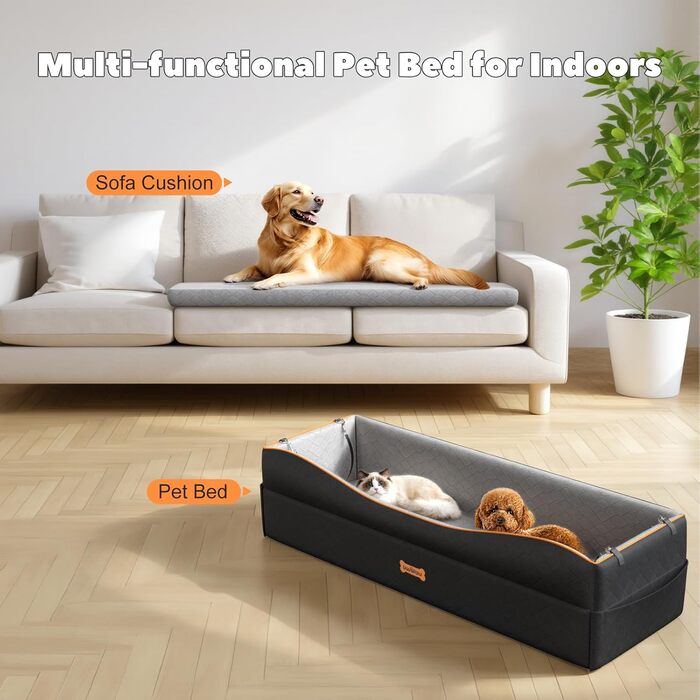 Автокрісло для собак великих порід, лежанка-софа з товстим шаром піни та 2 страхувальними ременями, автокрісло для собак середніх та маленьких порід (до 45 кг), чорний/сірий колір, L