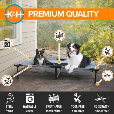Підвищене собаче ліжко K&H Pet Products для вулиці, дитяче ліжко, гамак для великих собак, сірий/чорний, з металевим каркасом, складна конструкція