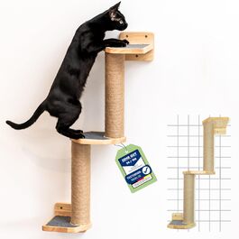 AZANO® Стіна для лазіння котів з масиву дерева та джуту, сірий | Котячий дряпач, сходи та меблі для котів, 3 варіанти монтажу