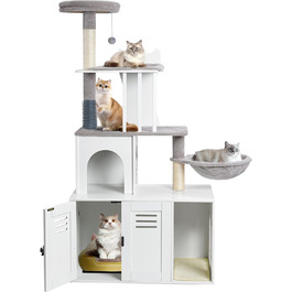 Snughome 2-в-1 сучасна котяча вежа з туалетом з дерева 140 см, когтеточка, гамак, велика платформа, сіра