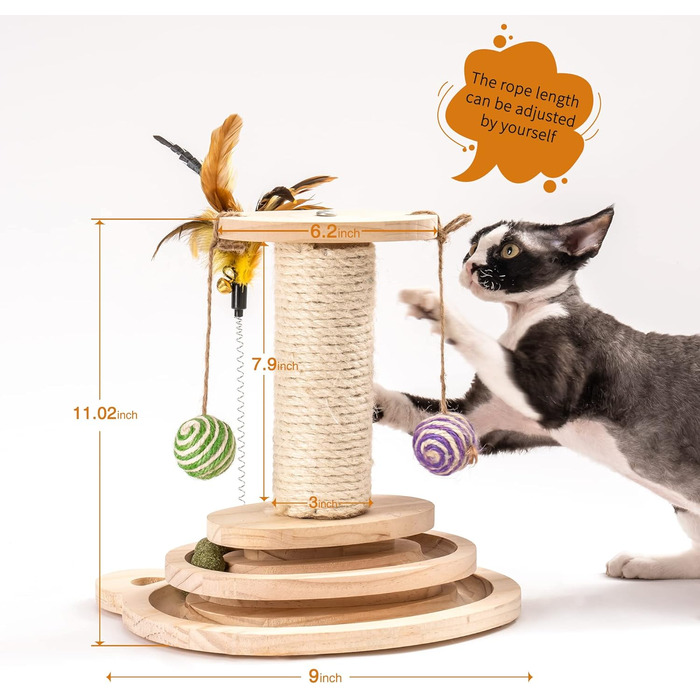 Іграшка для котів MEWOOFUN з дерева, роликовий іграшковий центр з двошаровим обертовим диском, інтерактивна іграшка з пір'ям, 3-в-1 іграшка для кошенят з інтерактивними м'ячиками та висячими кульками, дряпка для котів (маленька)