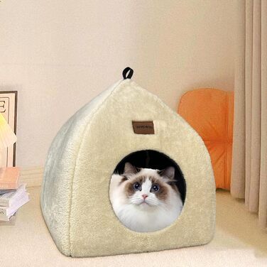 Котяча хатка Whiwhi для дому, складаний будиночок намет для котів з м'якою плюшевою подушкою, бежевий, розміри 45x45x41 см та 33x33x35 см