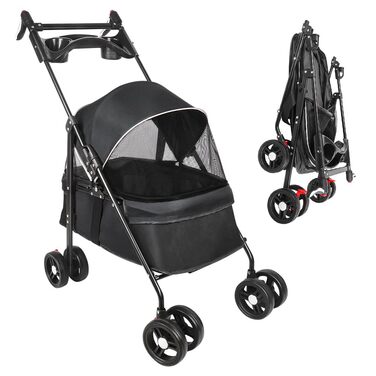 Візок для собак Homewell 2в1: візок-будка, сумка-переноска, з підстаканниками, чорний, 50x70x99 см
