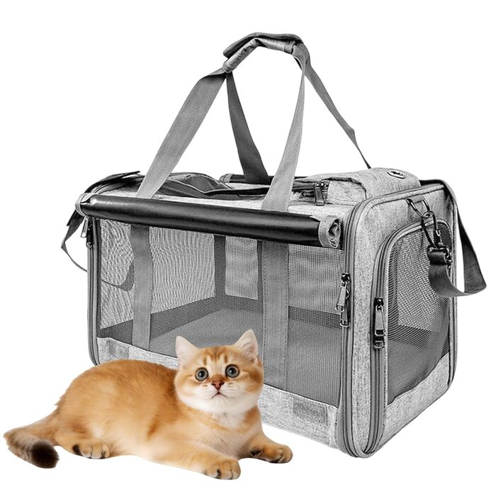 Транспортна переноска для котів та собак, 46x30x30 см, темно-сіра, складана, з вентиляційною сіткою та кишенею, до 10 кг