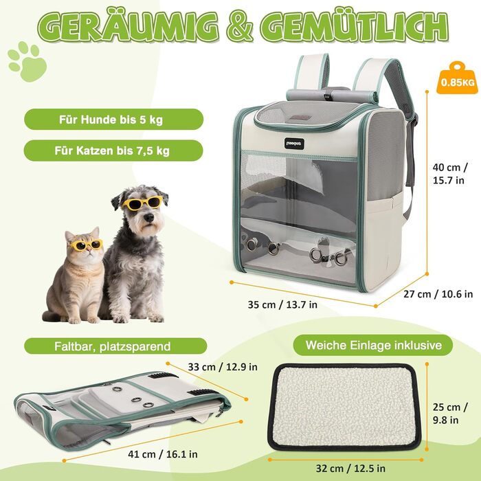 Рюкзак для котів великих порід ALLSOPETS, складаний рюкзак для собак та котів, дихаюча переноска для подорожей, прогулянок та походів (димно-зелений)