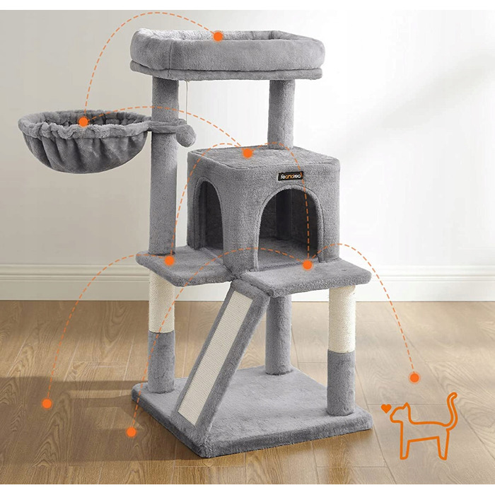 Великий кігтеточка-платформа 2в1 для котів, стійка рампа, світло-сіра, 96 см, Feandrea