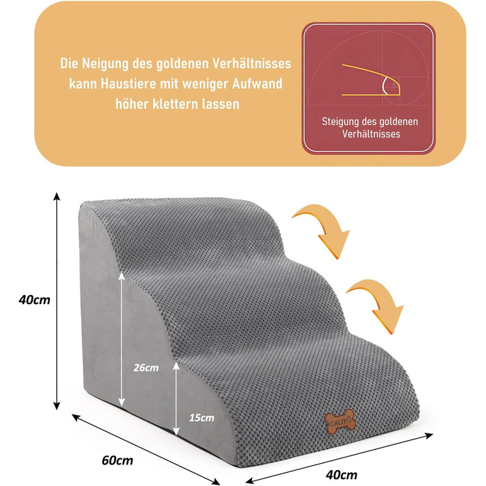 Сходинки для собак Caliyo, 3 сходинки, для маленьких собак, з високощільним губчастим матеріалом, знімний, washable cover, неслизьке дно (60 x 40 x 40 см, сірий)