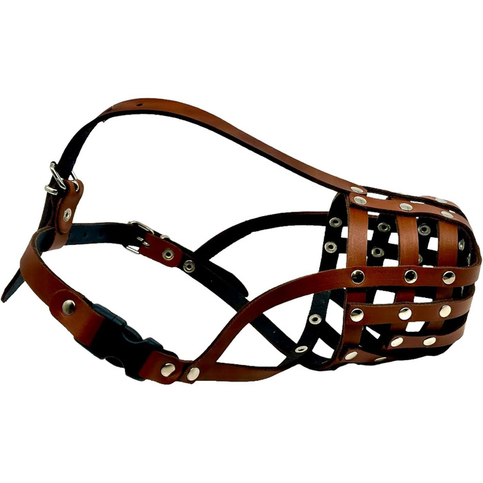 Шкіряний нашийник-маска для собак L&J Pets (для спанієлів, пуделів, хаскі та інших собак з подібним розміром морди, Колір: Коричневий, Розмір: 5)