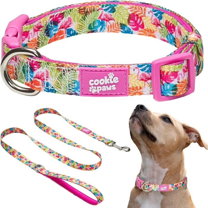 Нашийник і повідець для собак Cookie Paws, нейлоновий, м'який неопрен, з підкладкою, стильний, міцний, тропічний дизайн, розмір L