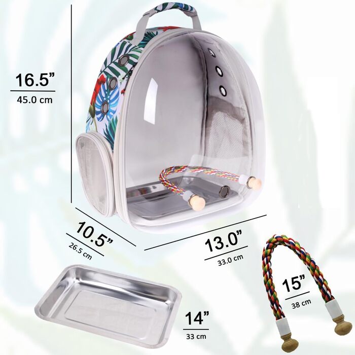 Переноска для птахів Interfashioner® Bird Carrier Rucksack, рюкзак-переноска з підкладкою та підставкою (Сірий з пір'ям) (Квітковий мотив)