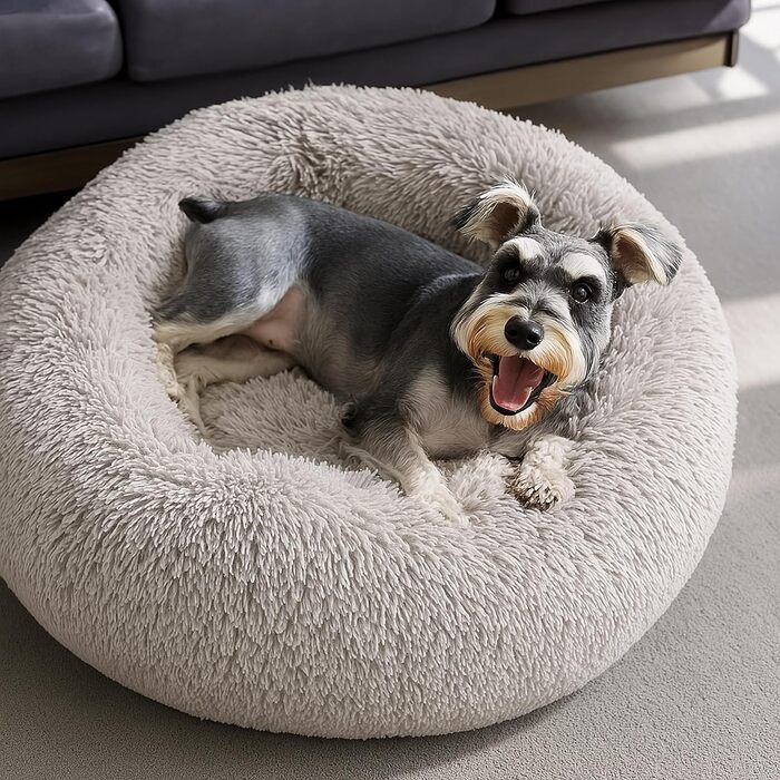 Заспокійливе ліжко для собак у вигляді пончика, м'який плюш, кругле ліжко для котів, зручне, м'яке, можна прати, подушка, самопідігріваюче ліжко для тварин з неслизьким дном, ліжко-гніздо для сну та відпочинку 60 x 60 x 20 см (Д x Ш x В) у кольорі тауп