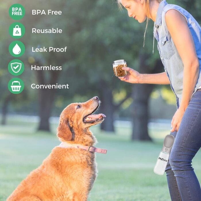 Водяна пляшка для собак на 550 мл з контейнером для корму 100г - вилкаюча, велика, для собак та цуценят, біла