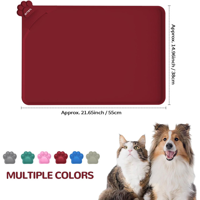 Водонепроникний килимок для годування домашніх тварин з високими бортиками, 55 x 38 см, силіконовий, нековзний, для собак, котів, запобігає розливанню води (Вулкан-червоний)