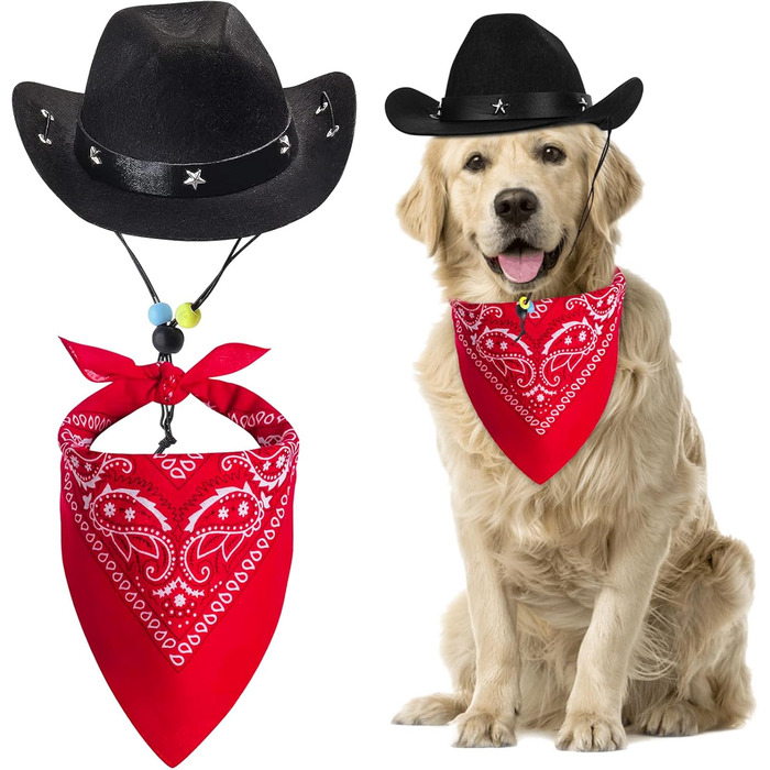 Ковбойський костюм для тварин: капелюх та бандана. Вечірковий аксесуар для собак та котів. Чорний комплект для святкування дня народження в мексиканському стилі.