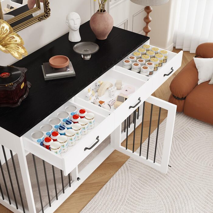 Елегантна собача будка-переноска XXL з шухлядами 137x57x85 см – чорно-біла меблі для собак