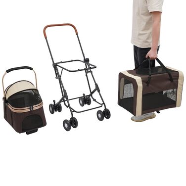 Візок для собак та котів 3 в 1, до 35 кг, складаний, з переносною сумкою та сітковими віконцями (колір кавовий)