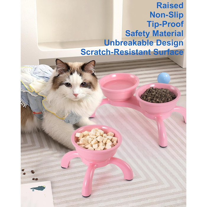 Набір мисок для котів 2 шт. з підняттям - міцні, з широкою основою, нековзні, сумісні з посудомийною машиною, зручні для вусів (Рожевий, Double)