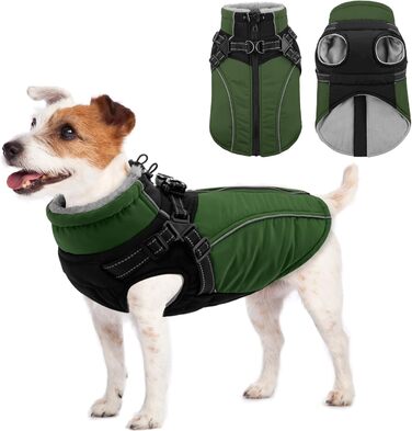 Зимовий теплий одяг для собак Konvinit: куртка з флісу з кріпленням для повідка, світловідбиваюча, для середніх собак, розмір M (53 см обхват грудей), колір зелений