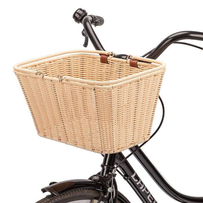Фарбований велосипедний кошик CXWXC – міцний передній кошик з ручної плетіння з лози з регульованими ремінцями з веганської шкіри, бежевий