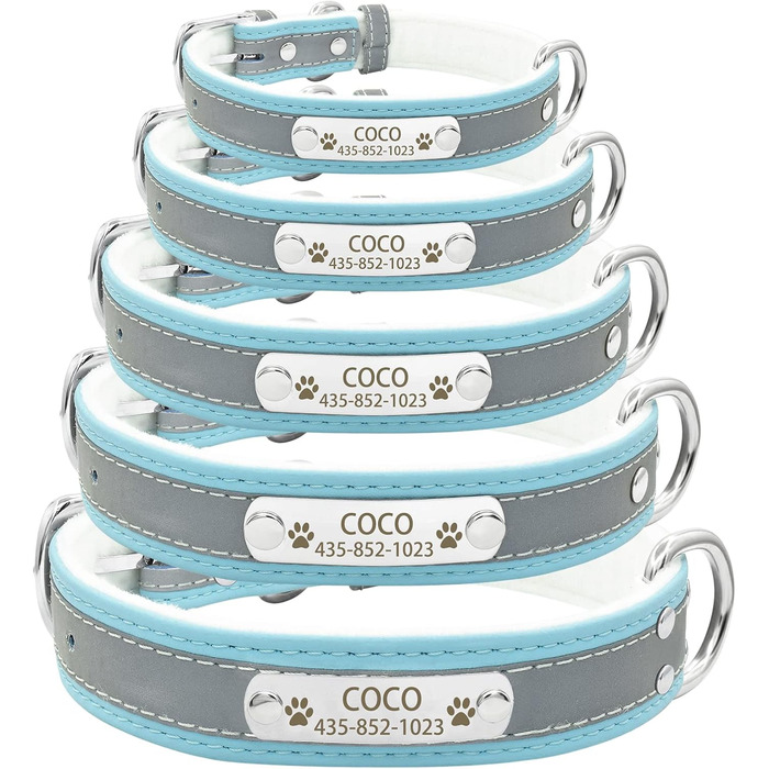 Іменний світловідбиваючий нашийник та поводок для собак та котів Senristar, блакитний комплект. Персоналізований нашийник з гравіюванням, XS (ширина 1,5 см, обхват шиї 19-25 см)