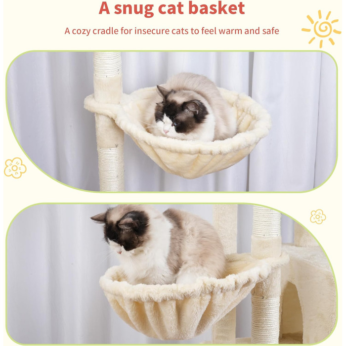 Котячий будиночок Hey-brother Kratzbaum з подовженою частиною, широкими платформами, затишними печерами, гамаками, сизалевими стовпчиками та м'ячиком для котів, 178 см, MPJ038W (Бежевий)