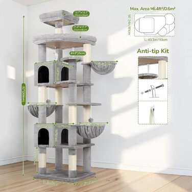 Комплекс для котів Globlazer XXL 209 см з 2 будиночками, великою платформою, 3 кошиками, ситцевими стійками, 8 стовпчиками з сизалю. Стабільний комплекс для котів Globlazer (S82, сірий)
