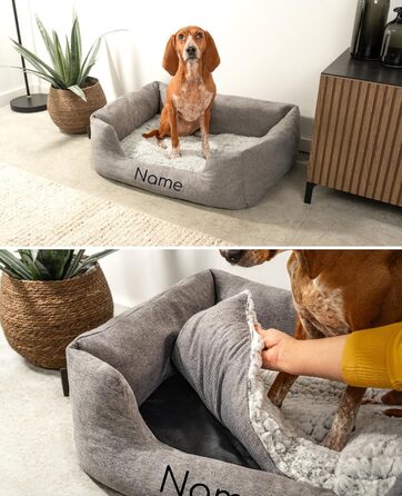 Клітинка для собак Lionto з м'яким двостороннім подушкою, затишне ліжко для домашніх тварин з меланжевим дизайном з глибоким входом для собак та котів усіх розмірів, 80x60 см, м'яке ліжко для собак, сірий (з нанесенням імені), сірий L 80 x W 60 x H 26 см 