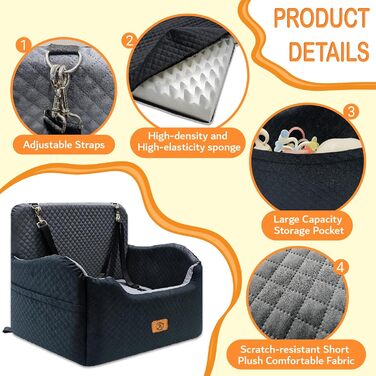 Підвищення для собак у машину з memory foam, до 15,9 кг, середній розмір, зручне автоліжко для собак, знімний чохол, сірий + чорний, Large