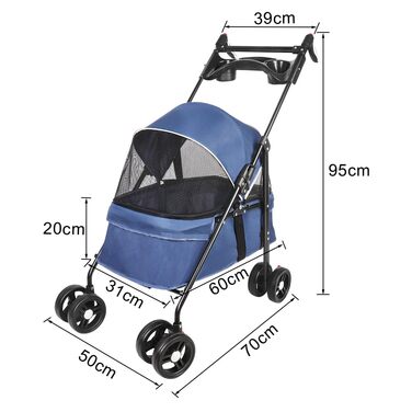 Візок для собак Homewell 2в1: візок-будка, сумка-переноска, з підстаканниками, складаний, з гальмом, для домашніх тварин, 50x70x99 см (Блакитний)