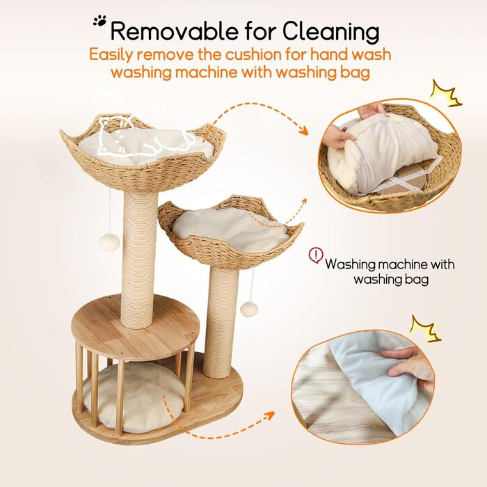 Дерев'яний кігтеточка для котів BingoPaw: сучасний комплекс 99 см з будиночком, м'ячиком та сизалевою колоною. Підходить для котів будь-якого віку.