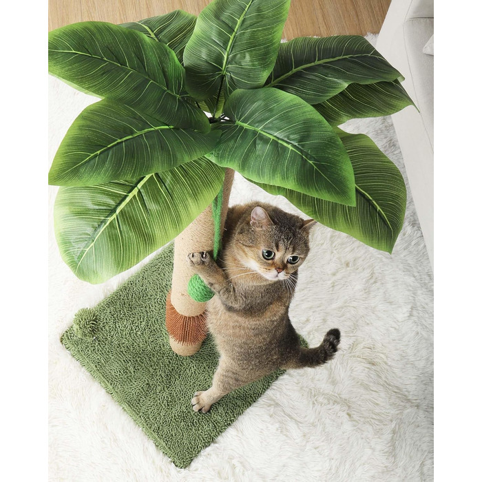 ANWA Котячий кігтеточка 89 см для кошенят і великих котів, з гумовою щіткою для самоочищення, сизалевий стовп із декоративним листям, для дому