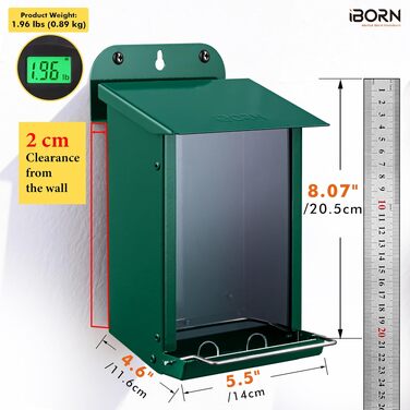 Годівниця для птахів iBorn Wand — металевий вуличний будиночок для птахів з погодостійким дахом, кріплення на стіну, дерево або паркан, зелена, 600 г