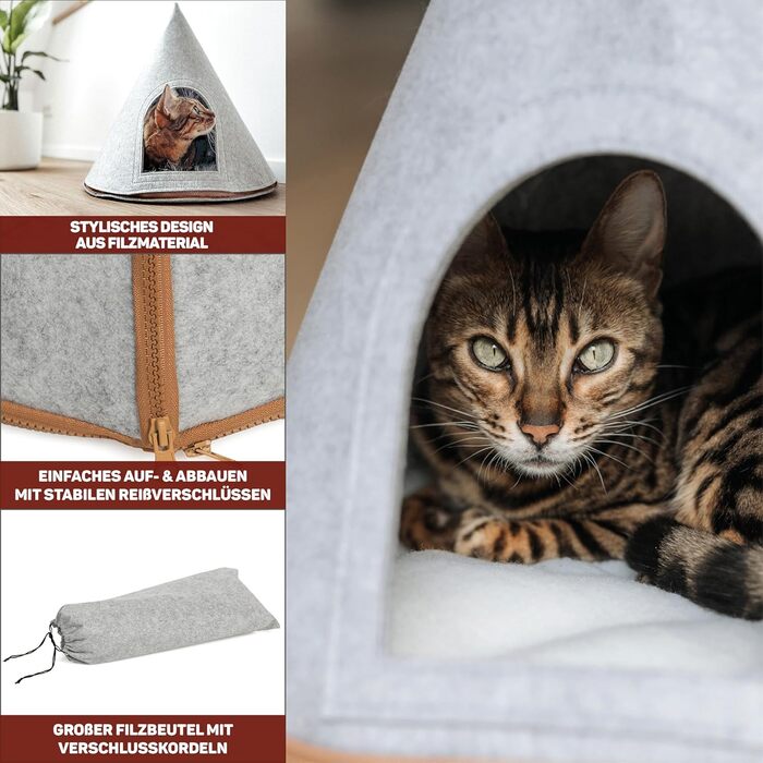 Котяче тіпі CanadianCat XL, фетровий намет для котів з м'якою подушкою, світло-сірий, 45x45x50 см