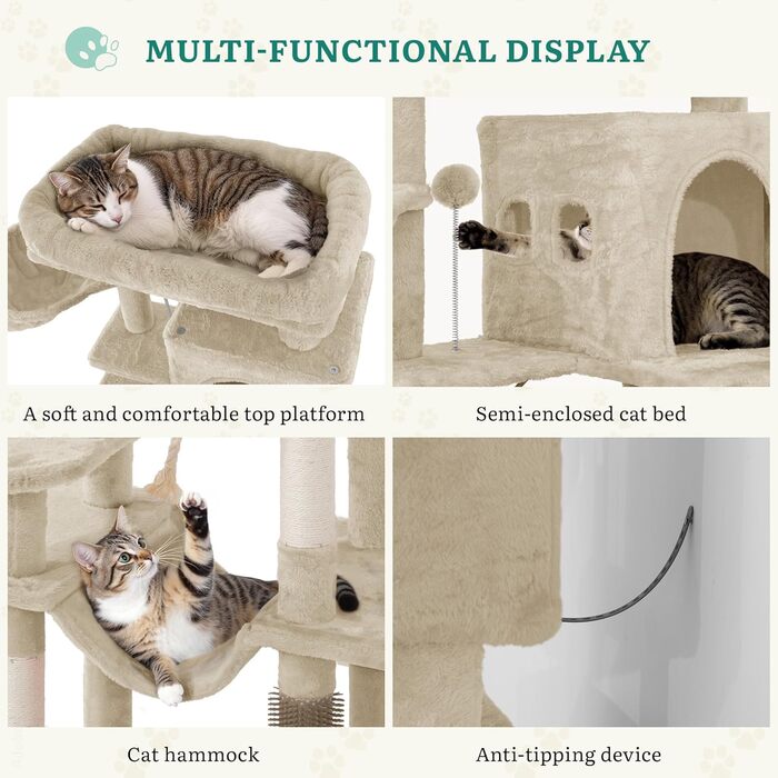 Драбина для котів YITAHOME - кігтеточка, будиночок, велика платформа, товсті стовпи (11 см), м'яке ліжко, 50 x 50 x 157 см (Бежевий)