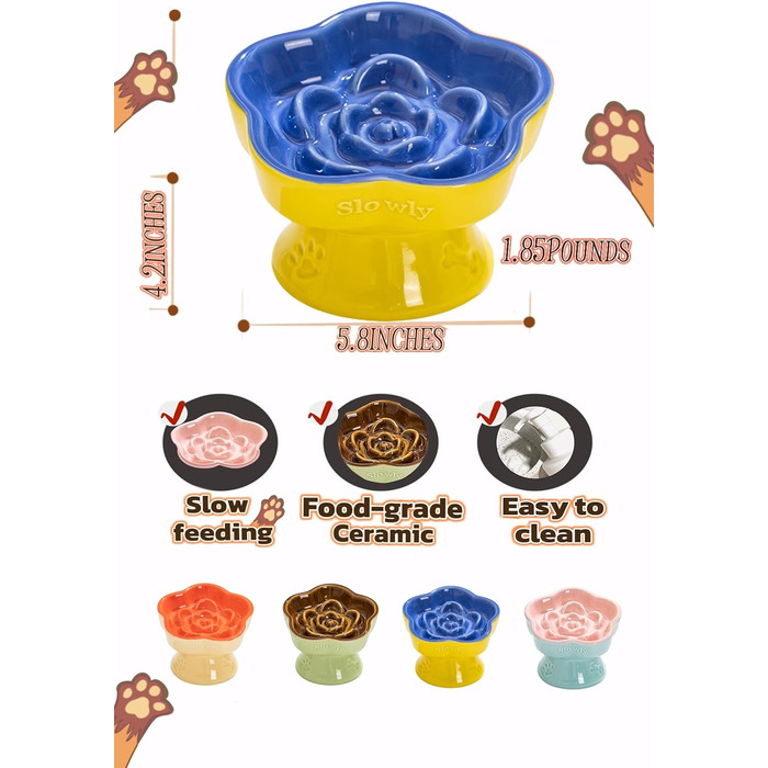 Миска для повільного годування домашніх тварин, керамічна, піднята та нахилена, для котів та маленьких собак, запобігає блювоті та удушенню (Рожева, Блакитна)