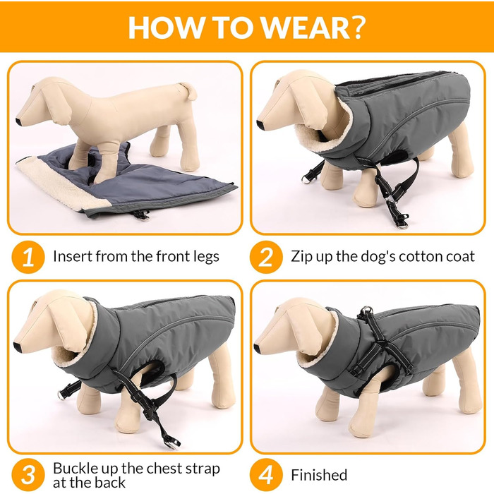 Теплий зимовий одяг для собак Citétoile: куртка з блискавкою, вітрозахисна, з відбиваючими смугами та нагрудником. Підходить для собак маленьких, середніх та великих порід. Сірий колір, розмір S.