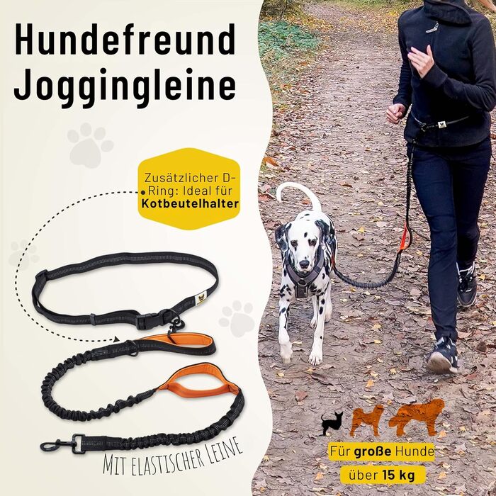 Еластичний повідок для бігу з великим собакою Hundefreund, для собак від 15 кг, зручний пояс, знімний повідок з двома м'якими ручками, оранжевий, довжина 120-170 см