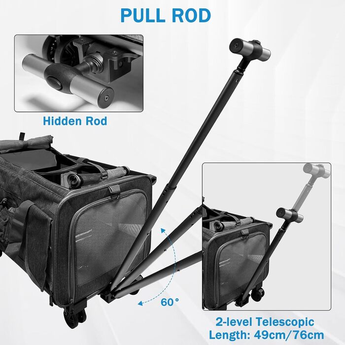 Транспортна переноска для котів та собак на 20 кг з 2 відділеннями, колесами та телескопічним ручками (чорна)