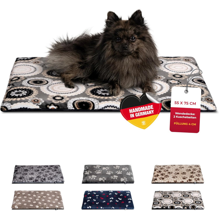 Підстилка для собак XS (45x65 см) – Двостороння, м'яка, з наповнювачем 3 см – Ідеально для дивану, авто та переноски – Виготовлено в Німеччині (55 x 75 см, Мандала Антрацит)