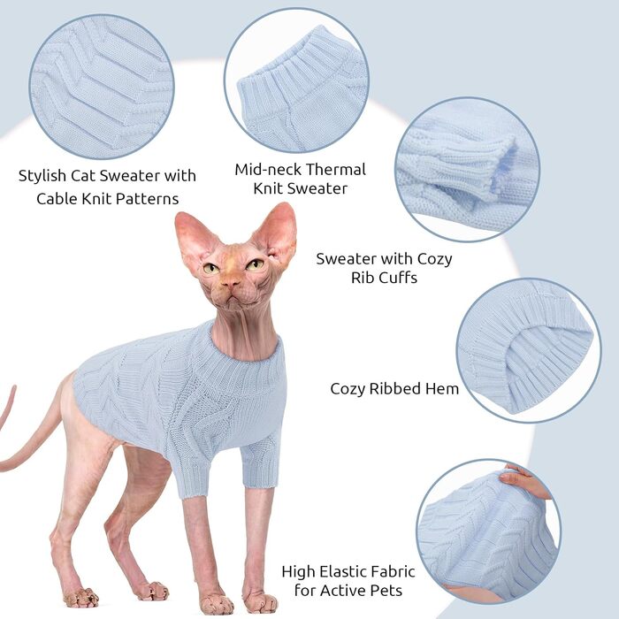 Пуловер для котів без шерсті Citétoile, теплий зимовий пуловер для котів та маленьких собак (XL, блакитний)