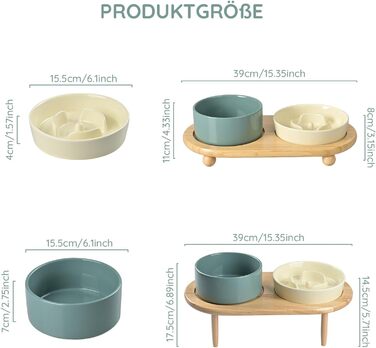 Набір керамічних мисок для собак та котів SpunkyJunky: миска проти запобігання ковтання + підставка з бамбука (Бежевий + Темно-зелений), Ø15.5 см