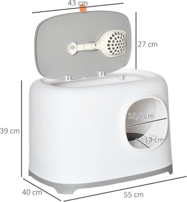 Туалет для котів PawHut з кришкою, пластиковий, білий, до 5 кг, 55x40x39 см
