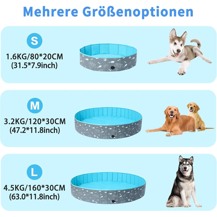Надувний басейн для собак великих та маленьких порід, 80/120/160 см, складаний, портативний, екологічний PVC, форма кістки, розмір 160x30 см