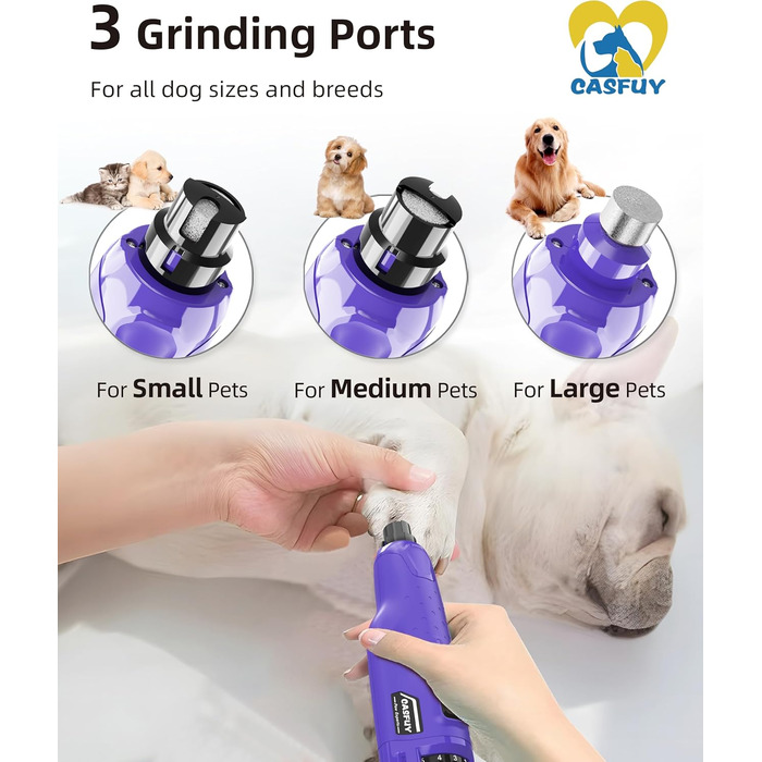 Електричний точилка для кігтів собак Casfuy - 6 режимів, 45 dB, з LED-підсвічуванням, для собак та котів великих, середніх та малих порід, фіолетовий